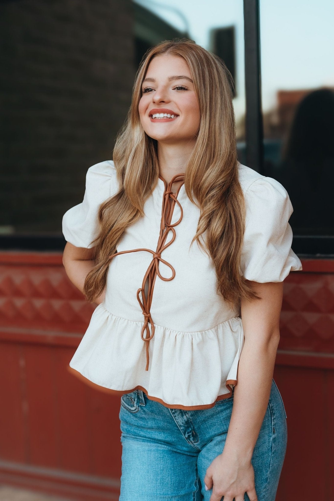 Cream Short Sleeve w/Faux Leather Trim LT1585 - Southern Soule Designs