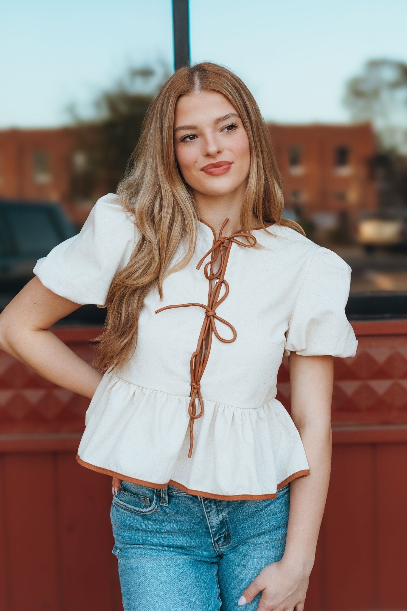 Cream Short Sleeve w/Faux Leather Trim LT1585 - Southern Soule Designs