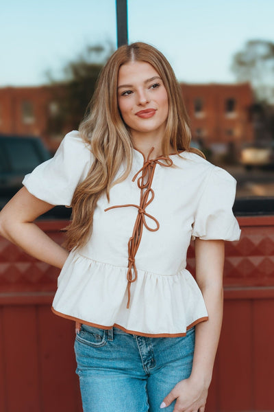 Cream Short Sleeve w/Faux Leather Trim LT1585 - Southern Soule Designs