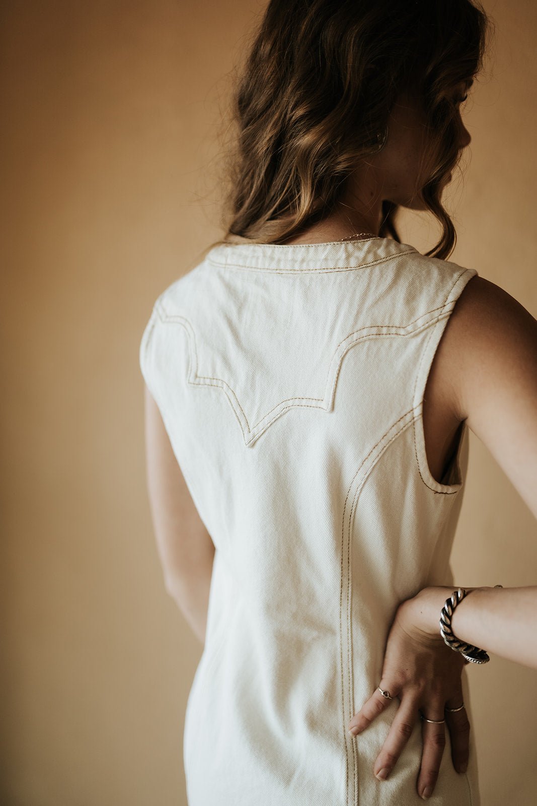 Cream Stitch Detail Sleeveless Button Down Dress SD3173 - Southern Soule Designs