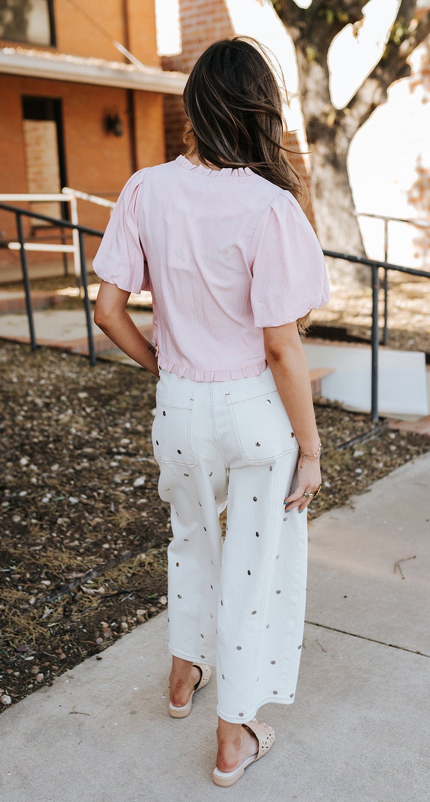 Cream Studded Barrel Denim Pants IP1390 - A - Southern Soule Designs