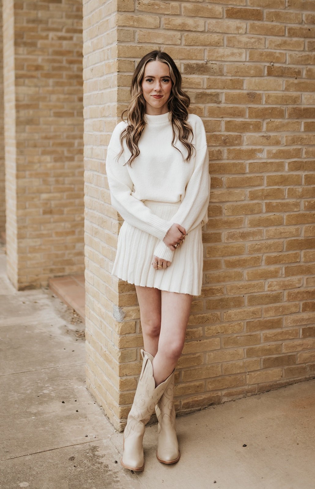 Cream Turtleneck Sweater and Pleated Mini Skirt Set IST6179 - Southern Soule Designs