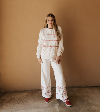 Cream Twist Bow Cord Sweatpants IKP801104 - 01 - Southern Soule Designs