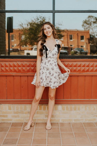 Cream/Black Floral Print Mini Dress HD1819 - 1 - Southern Soule Designs