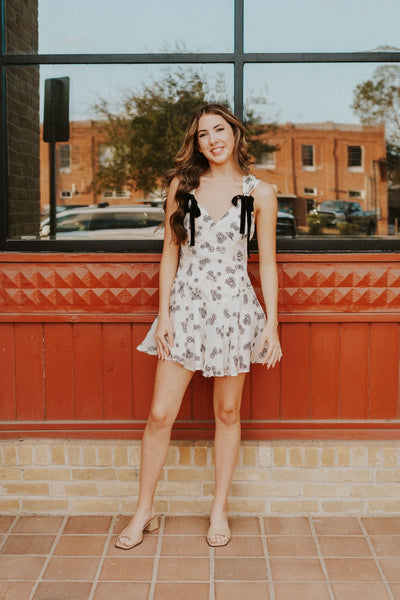 Cream/Black Floral Print Mini Dress HD1819 - 1 - Southern Soule Designs