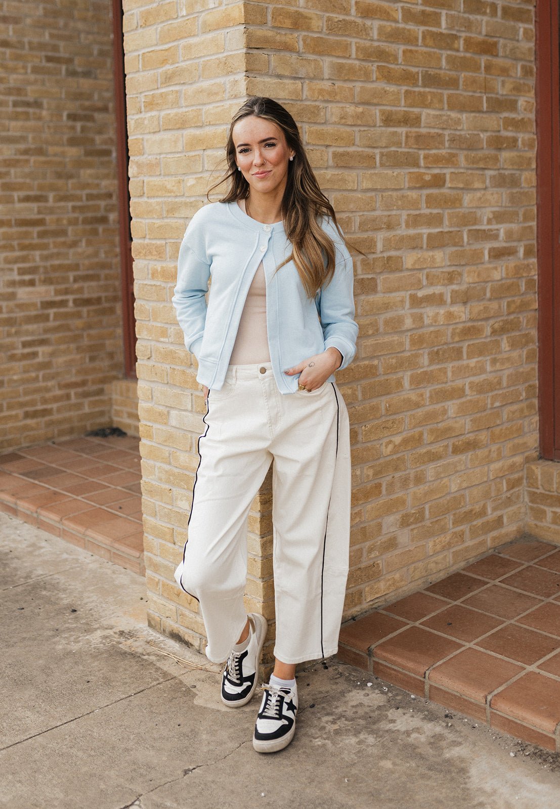 Cream/Black Piping Detailed Barrel Pants P6883 - Southern Soule Designs