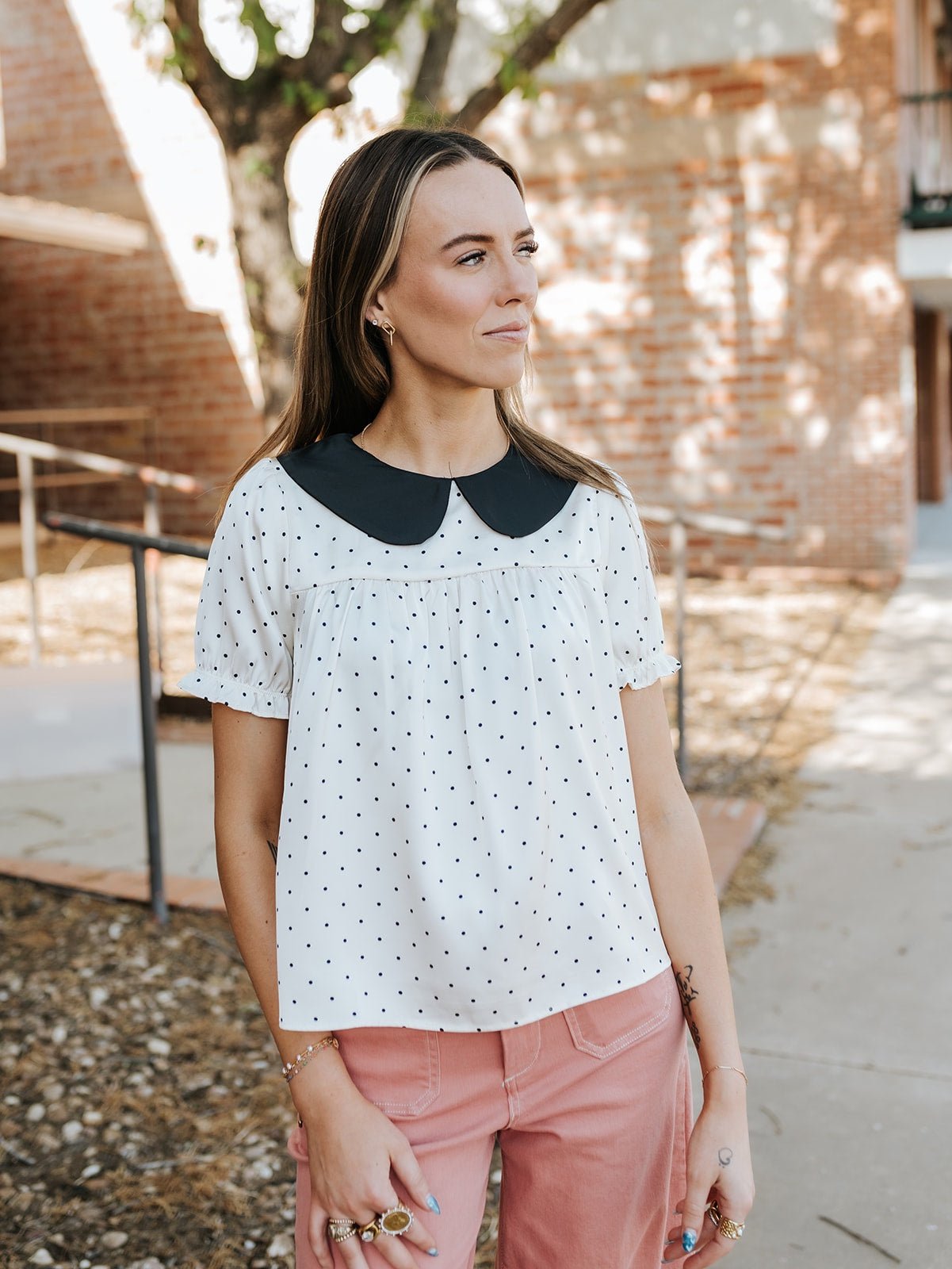 Cream/Black Polka Dot Collared Blouse WL25 - 12455 - Southern Soule Designs
