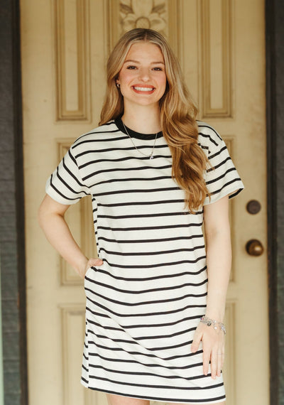 Cream/Black Striped Tee Mini Dress WL24 - 9641 - Southern Soule Designs