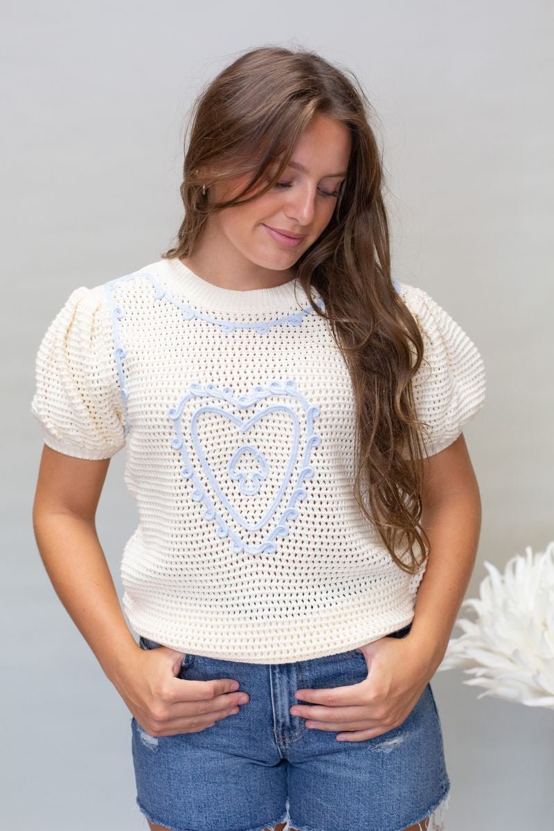 Cream/Blu Heart Embroid Sweater - Southern Soule Designs