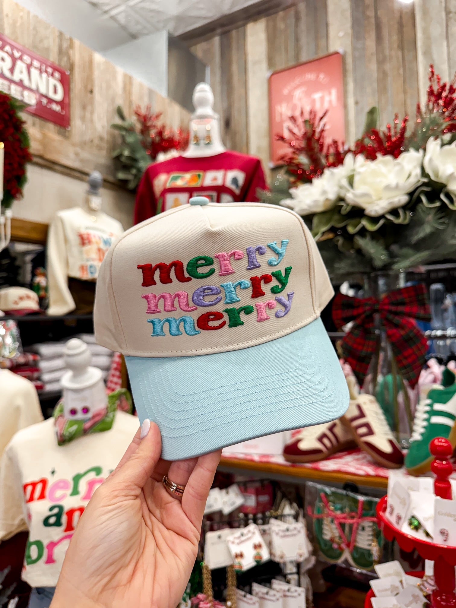 Cream/Blue Merry Merry Merry Hat - Southern Soule Designs