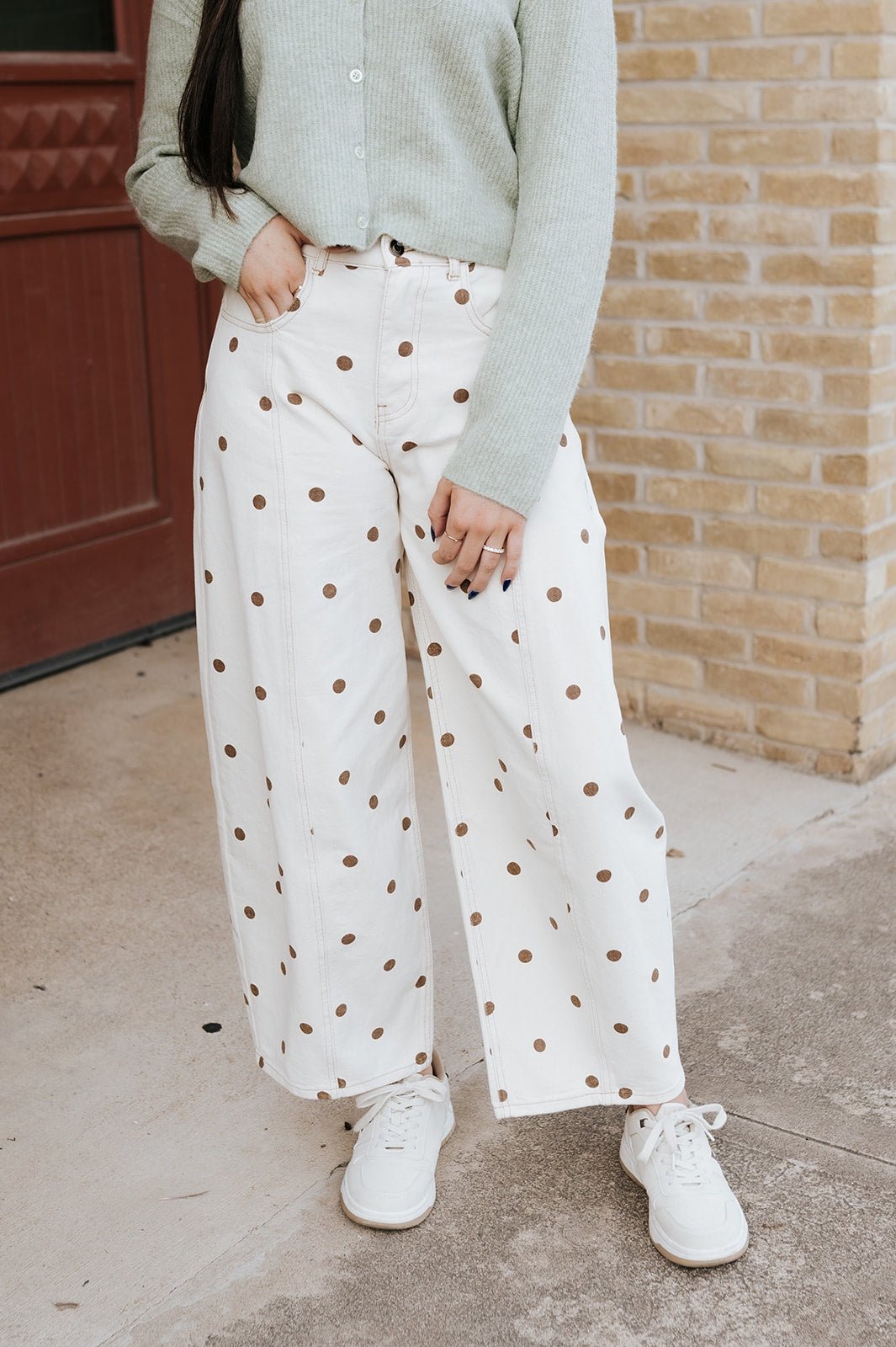 Cream/Brown Polka Dot Wide Denim Pants IP200313-02 – Southern