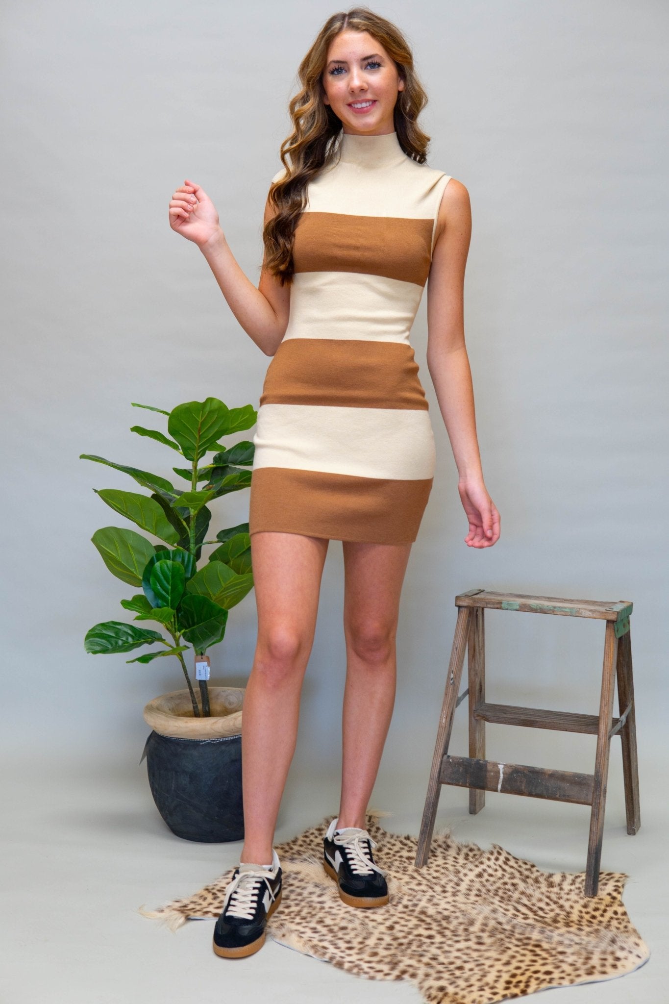 Cream/Brown Stripe Sweater Dress SWD9102 - 1 - Southern Soule Designs