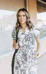 Cream/Navy Floral Print Collared Dress - Southern Soule Designs