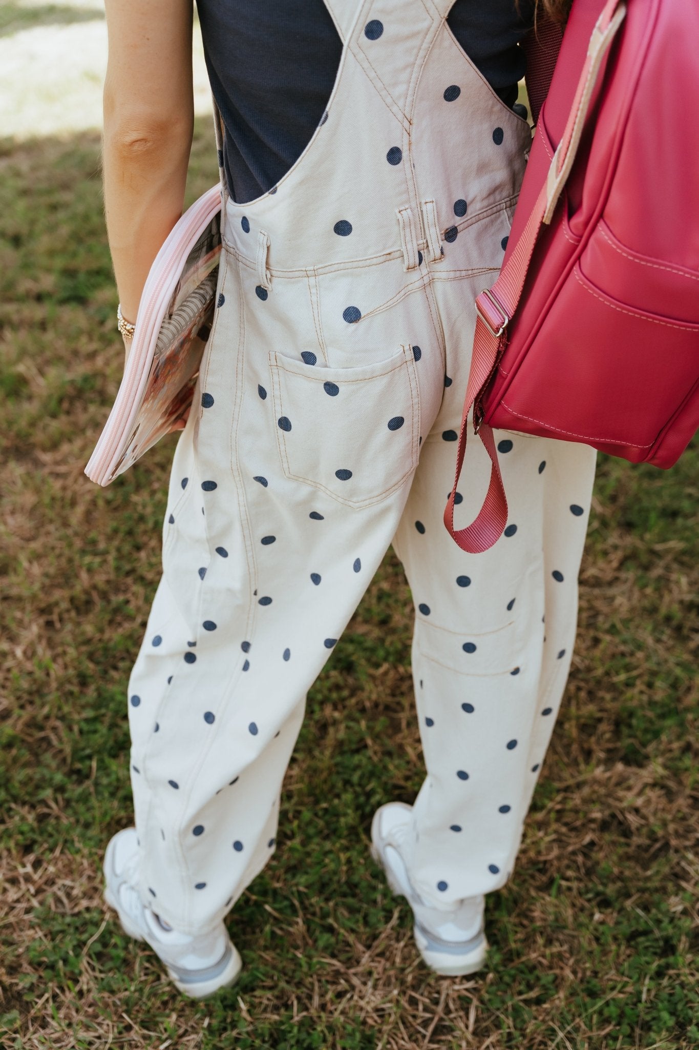Cream/Navy Polka Dot Denim Barrel Overalls IR200314 - 01 - Southern Soule Designs