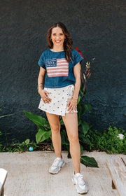 Cream/Navy Polka Dot Denim Skirt IS200854 - 02 - Southern Soule Designs