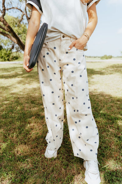 Cream/Navy Polka Dot Wide Denim Pants IP200313 - 01 - Southern Soule Designs