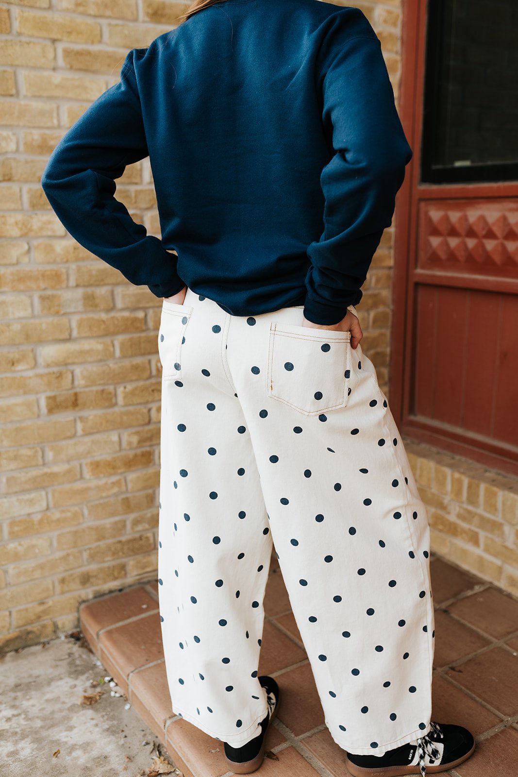 Cream/Navy Polka Dot Wide Denim Pants IP200313 - 01 - Southern Soule Designs