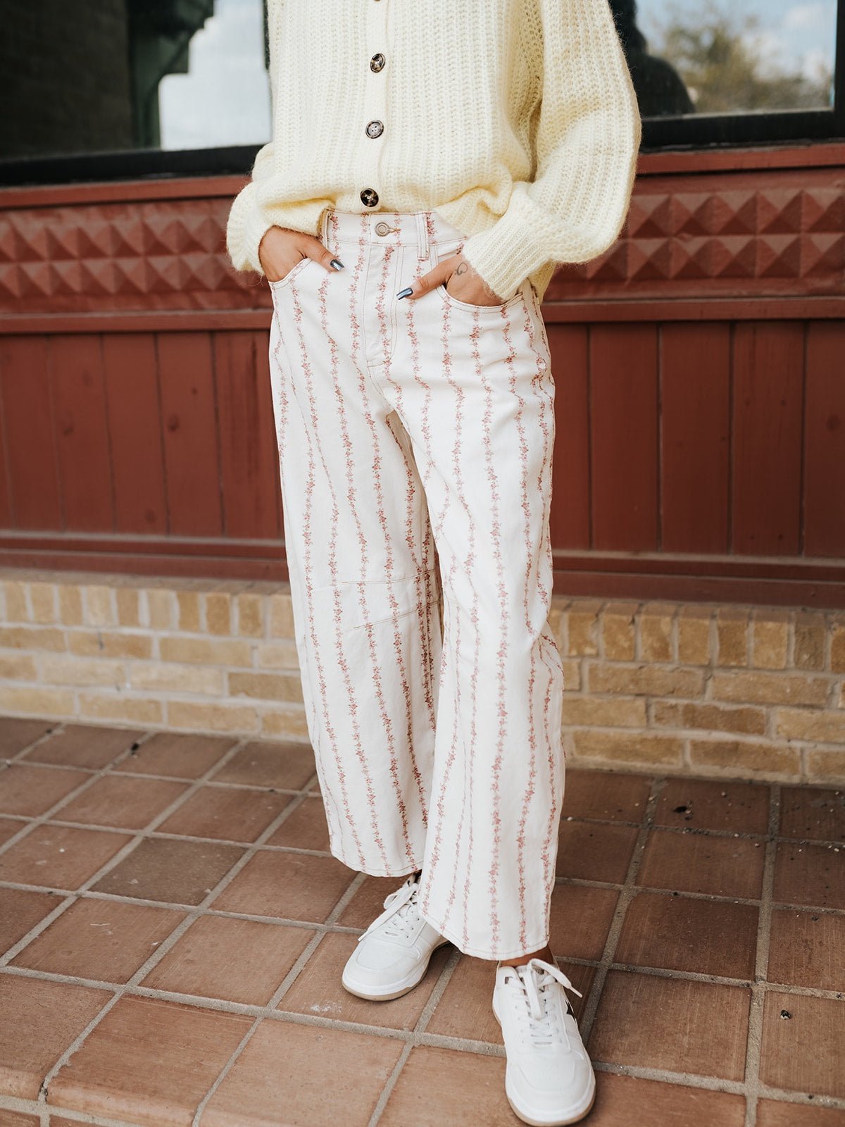 Cream/Pink Floral Print Denim Pants IP300298 - 01 - Southern Soule Designs