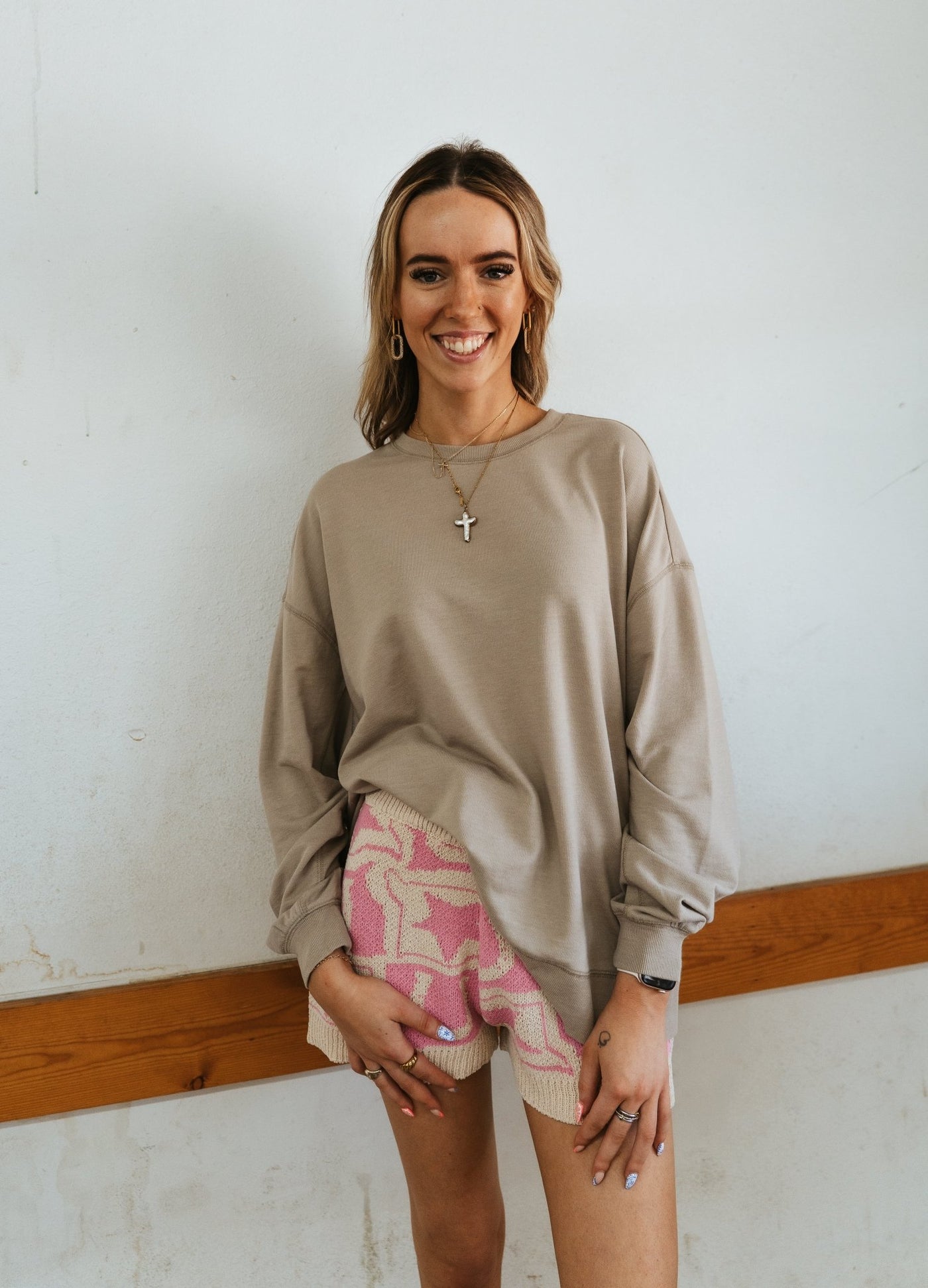 Cream/Pink Western Symbol Checkered Sweater Shorts BRW3227 - 2 - Southern Soule Designs