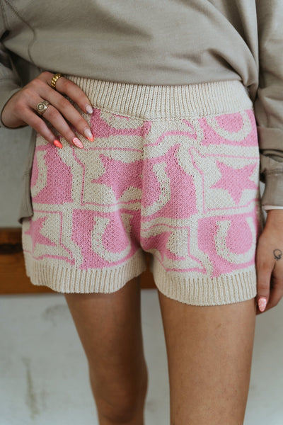 Cream/Pink Western Symbol Checkered Sweater Shorts BRW3227 - 2 - Southern Soule Designs