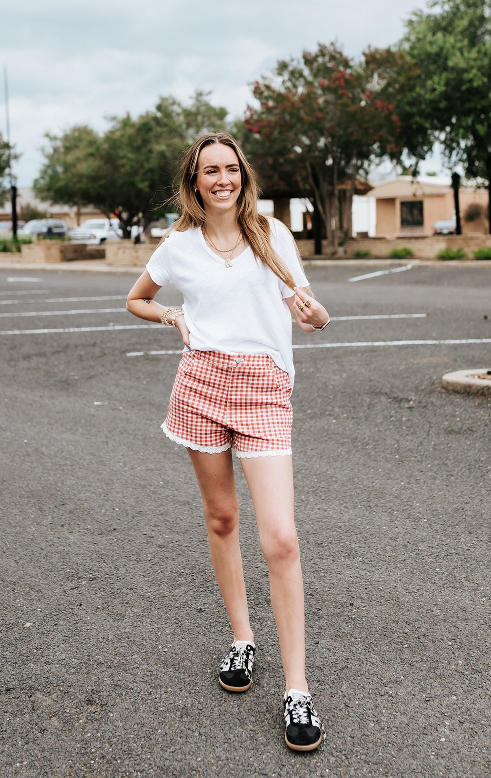 Cream/Red Gingham and Lace Denim Shorts JP8076 - Southern Soule Designs
