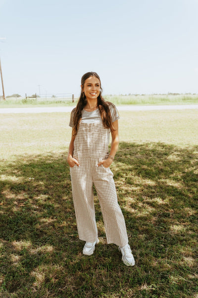 Cream/Taupe Gingham Denim Overalls WL25 - 10555 - Southern Soule Designs