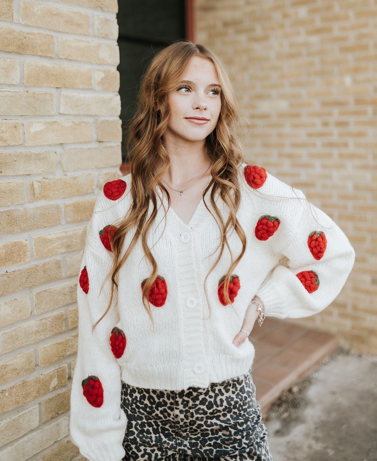 Creme Knitted 3d Strawberry Cardigan ILS9008 - Southern Soule Designs