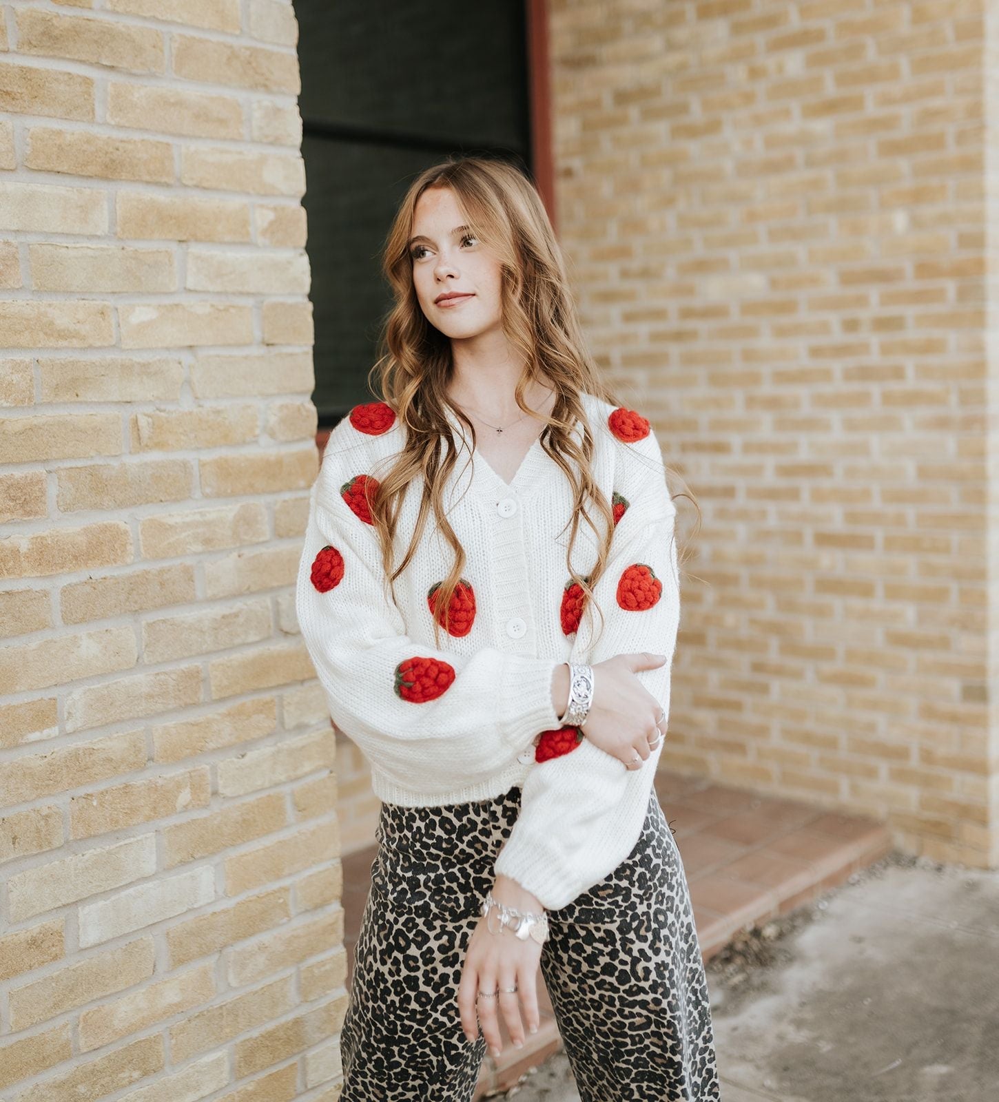 Creme Knitted 3d Strawberry Cardigan ILS9008 - Southern Soule Designs