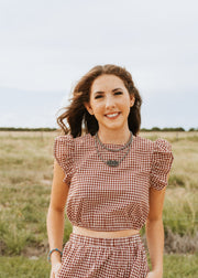 Crimson Gingham Ruffle Sleeve Cropped Top CT9352 - Southern Soule Designs