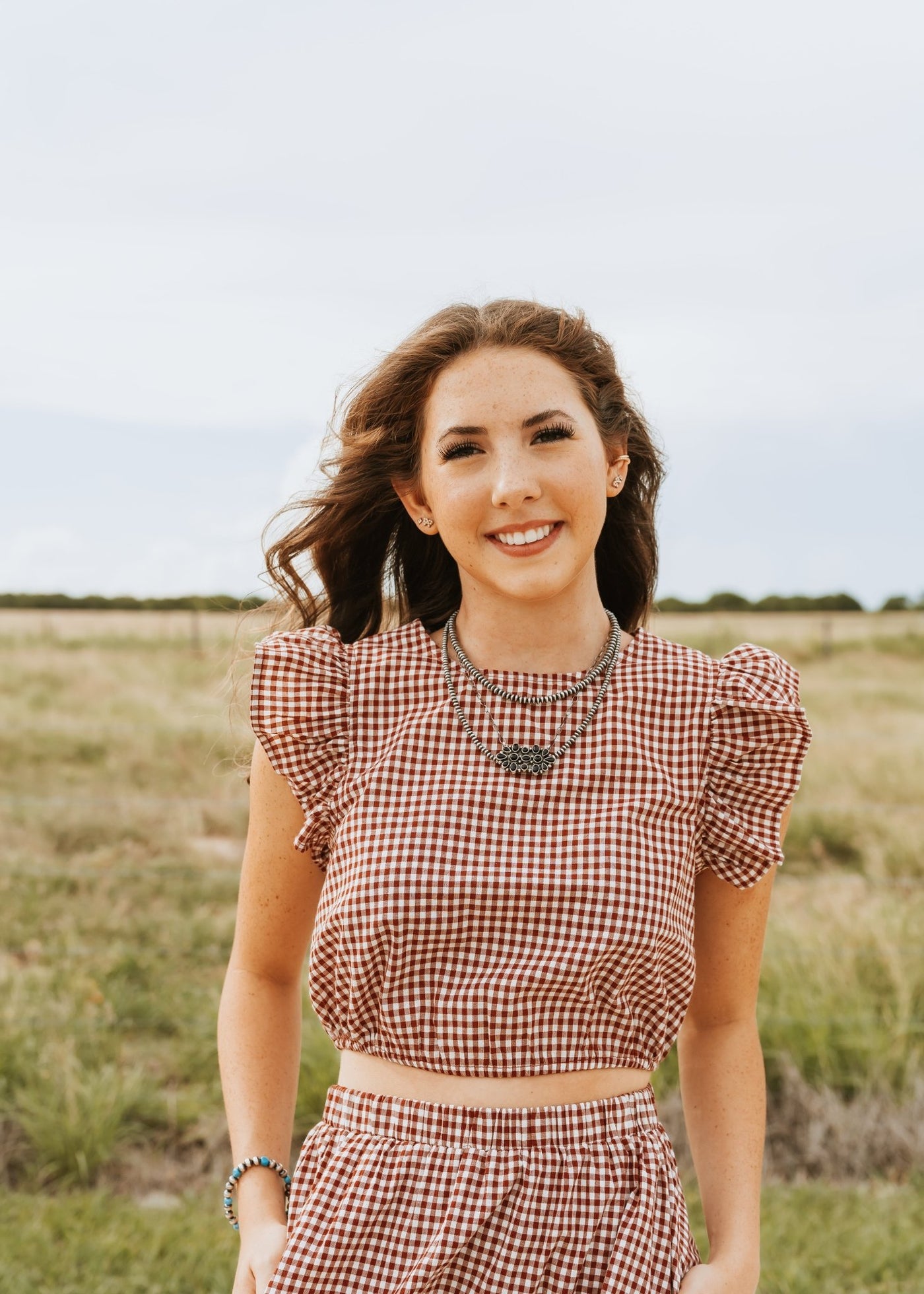 Crimson Gingham Ruffle Sleeve Cropped Top CT9352 - Southern Soule Designs