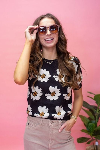CW2529 Black Floral Short Sleeve Sweater - Southern Soule Designs