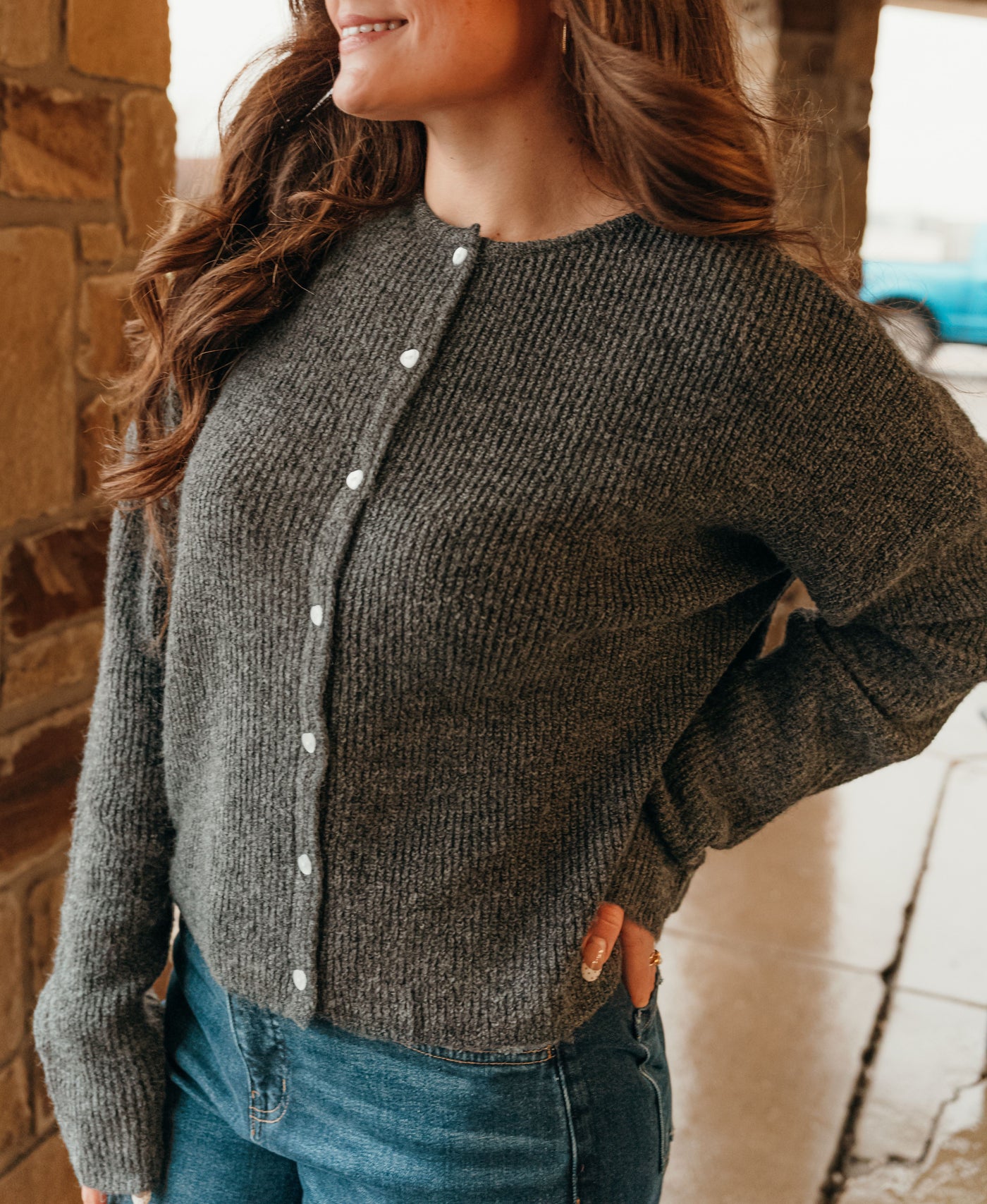 Charcoal Knit Cardigan with Heart-Shaped Buttons TBW13119