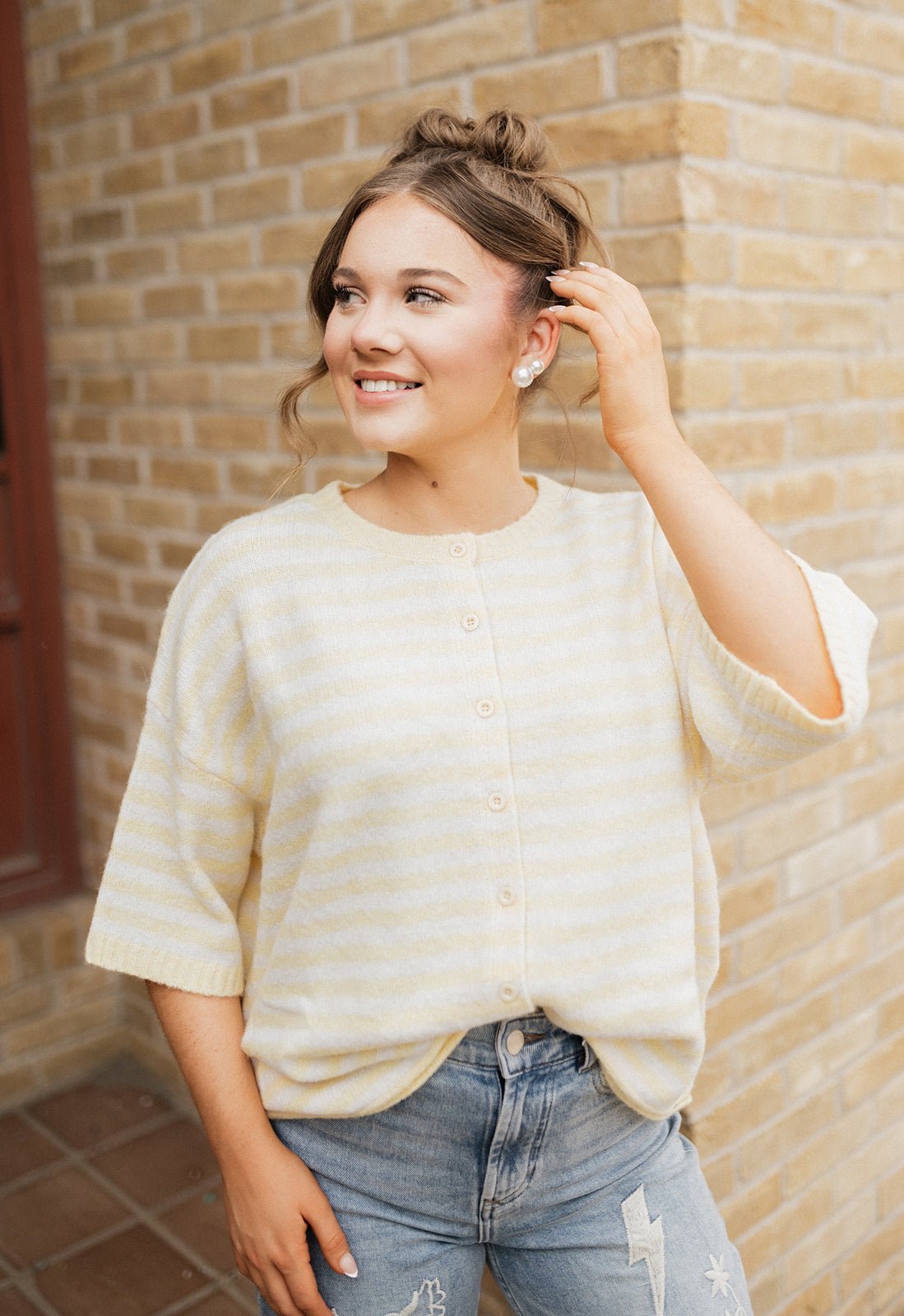 Daisy/Cream Stripe Short Sleeve Cardigan WL26-13289 - Southern Soule Designs