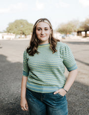 Dark Blue Green Stripe Short Sleeve Sweater MSW10400 - Southern Soule Designs