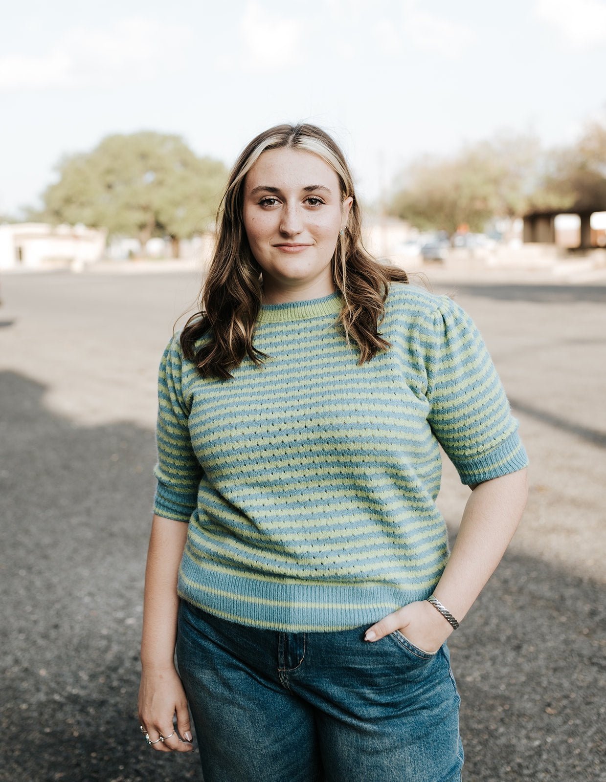 Dark Blue Green Stripe Short Sleeve Sweater MSW10400 - Southern Soule Designs