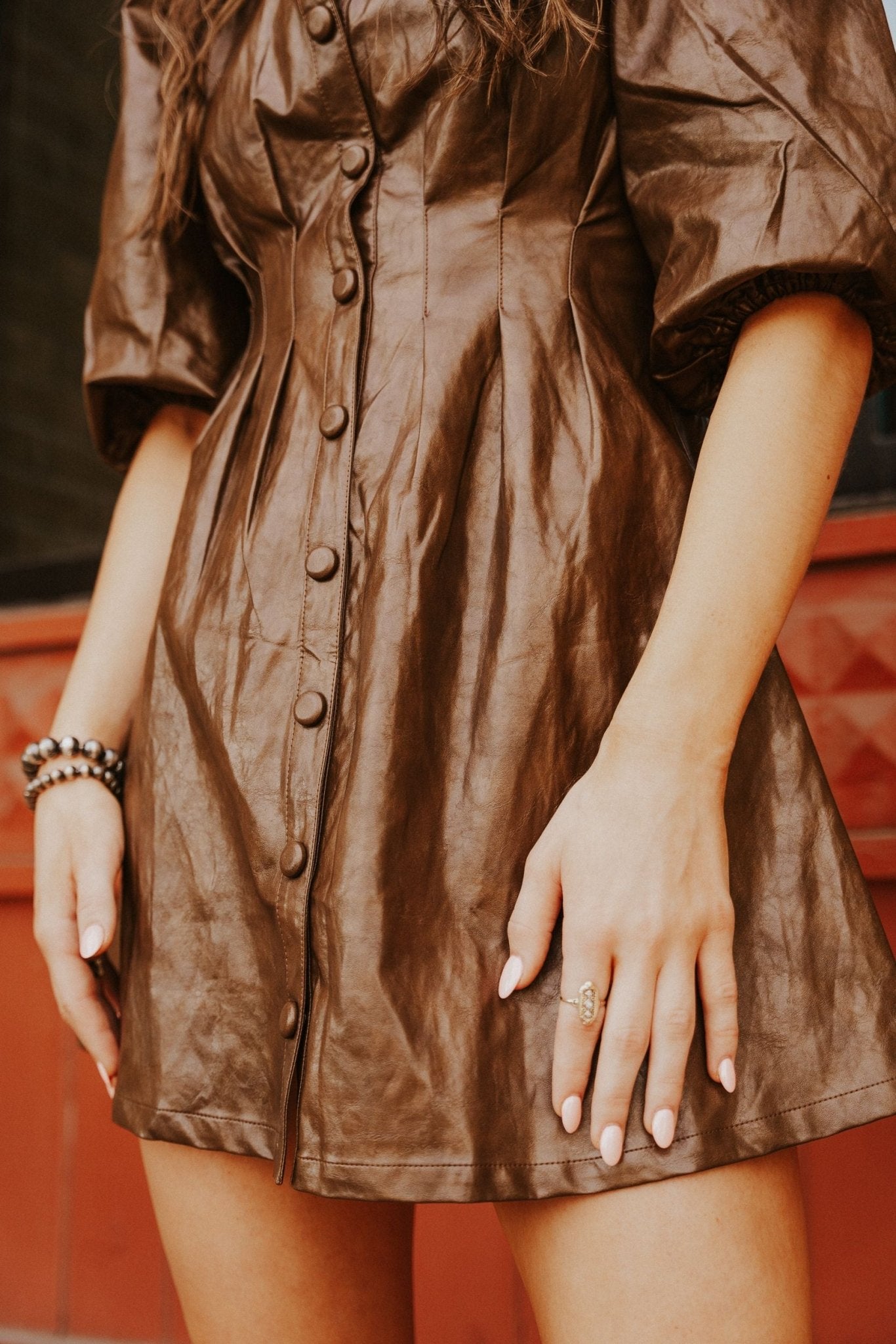 Dark Brown Button Down Faux Leather Mini Dress LD2108 - Southern Soule Designs