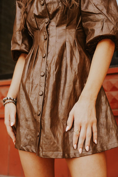 Dark Brown Button Down Faux Leather Mini Dress LD2108 - Southern Soule Designs
