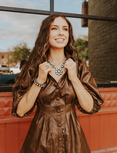 Dark Brown Button Down Faux Leather Mini Dress LD2108 - Southern Soule Designs