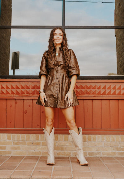 Dark Brown Button Down Faux Leather Mini Dress LD2108 - Southern Soule Designs