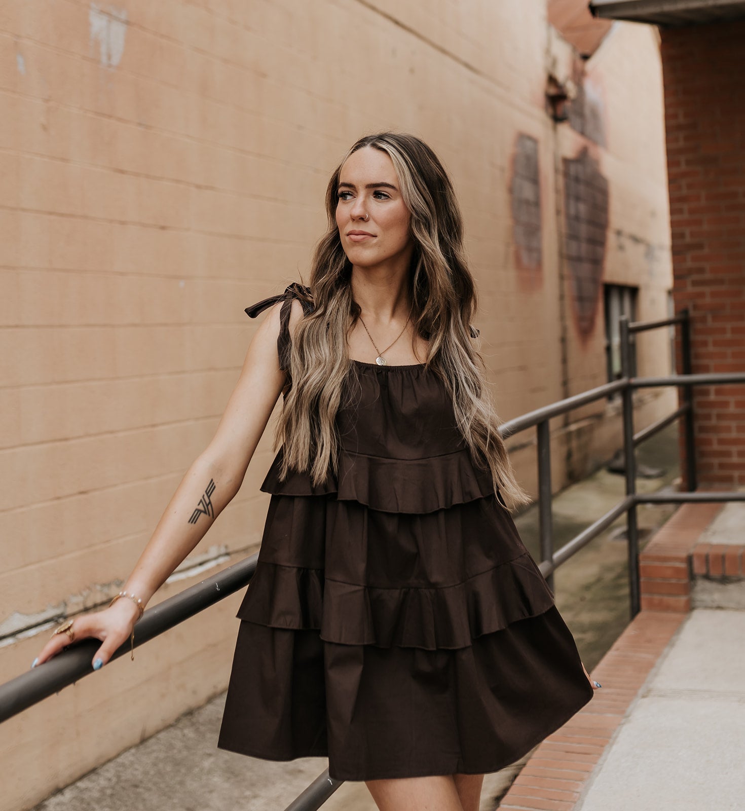 Dark Brown Ruffle Detail Sleeveless Mini Dress BD1371 - Southern Soule Designs