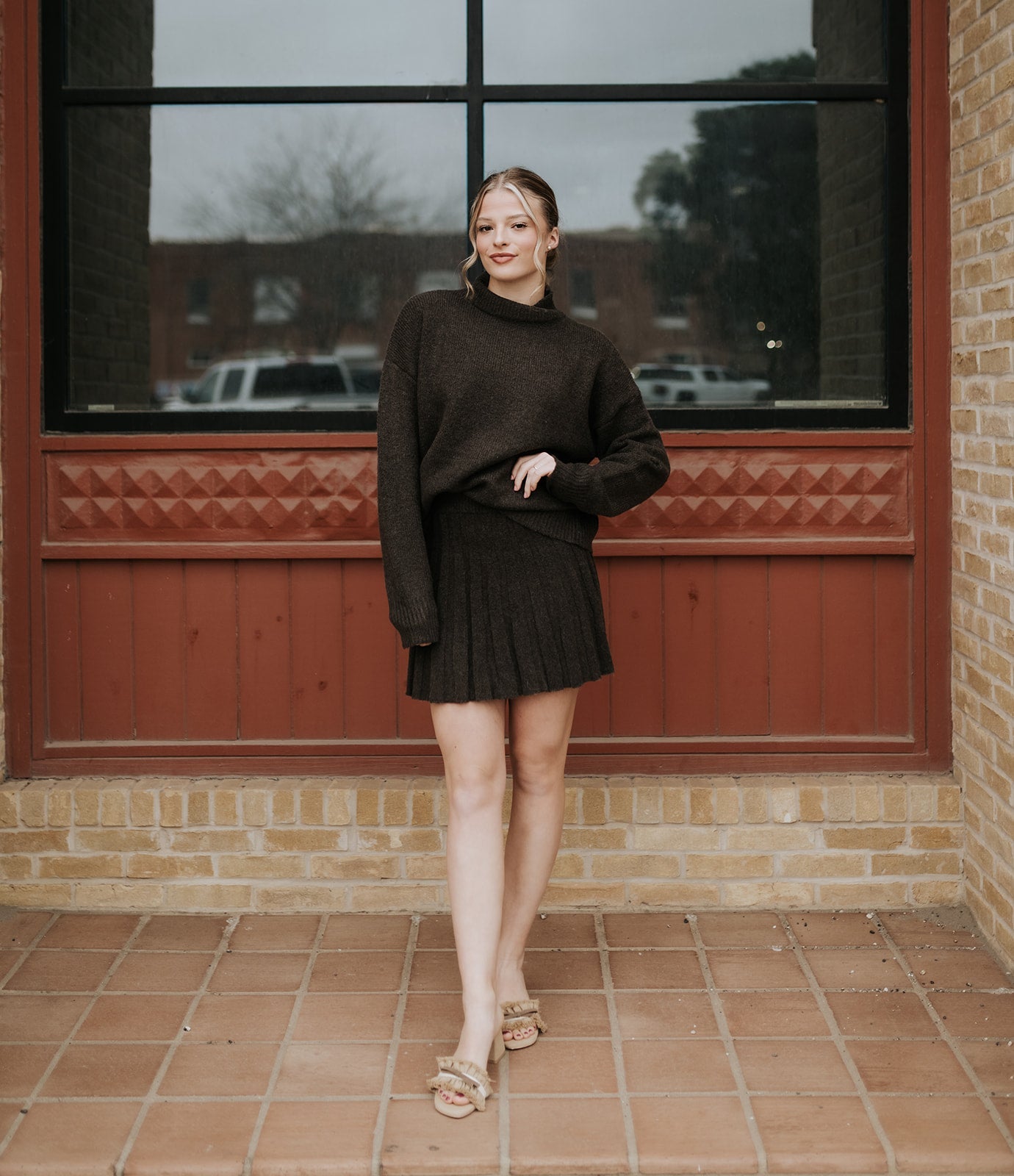 strapless open back dress Dark Brown Turtleneck Sweater and Pleated Mini Skirt Set IST6179 Medium