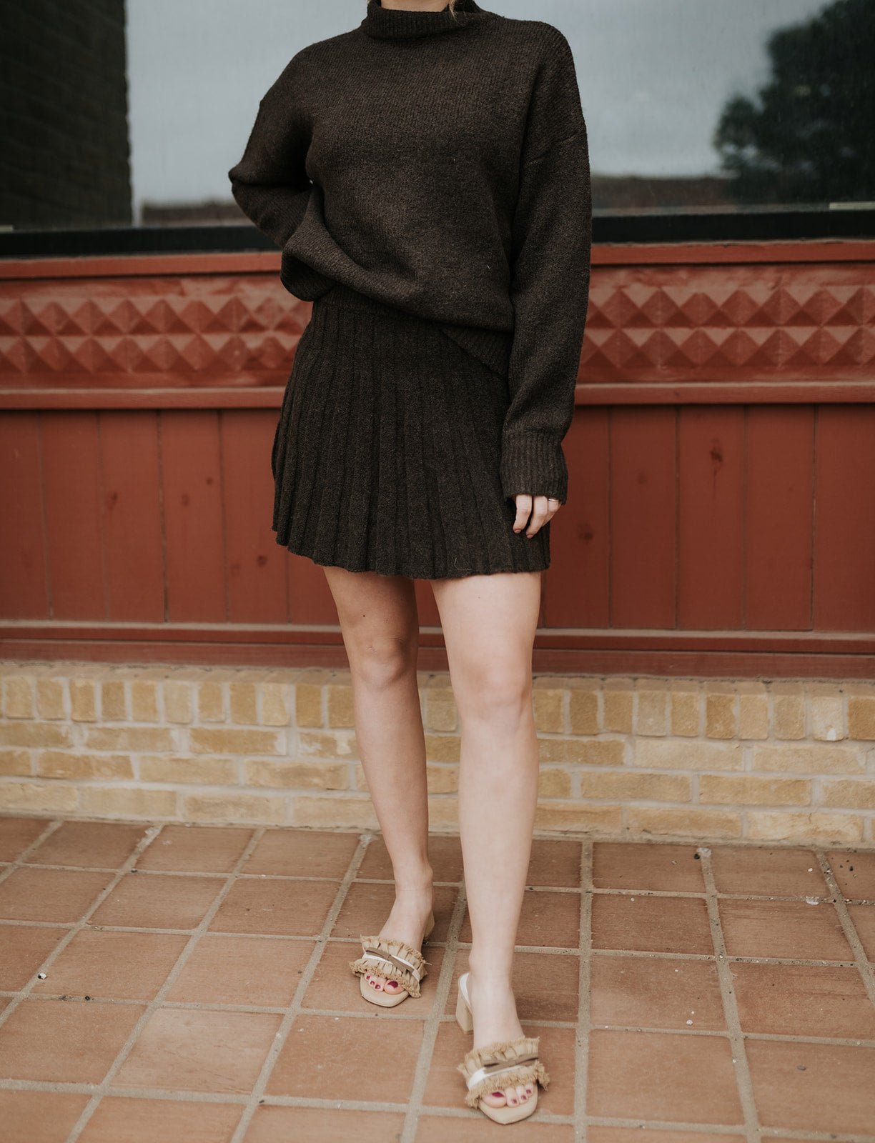 Dark Brown Turtleneck Sweater and Pleated Mini Skirt Set IST6179 - Southern Soule Designs