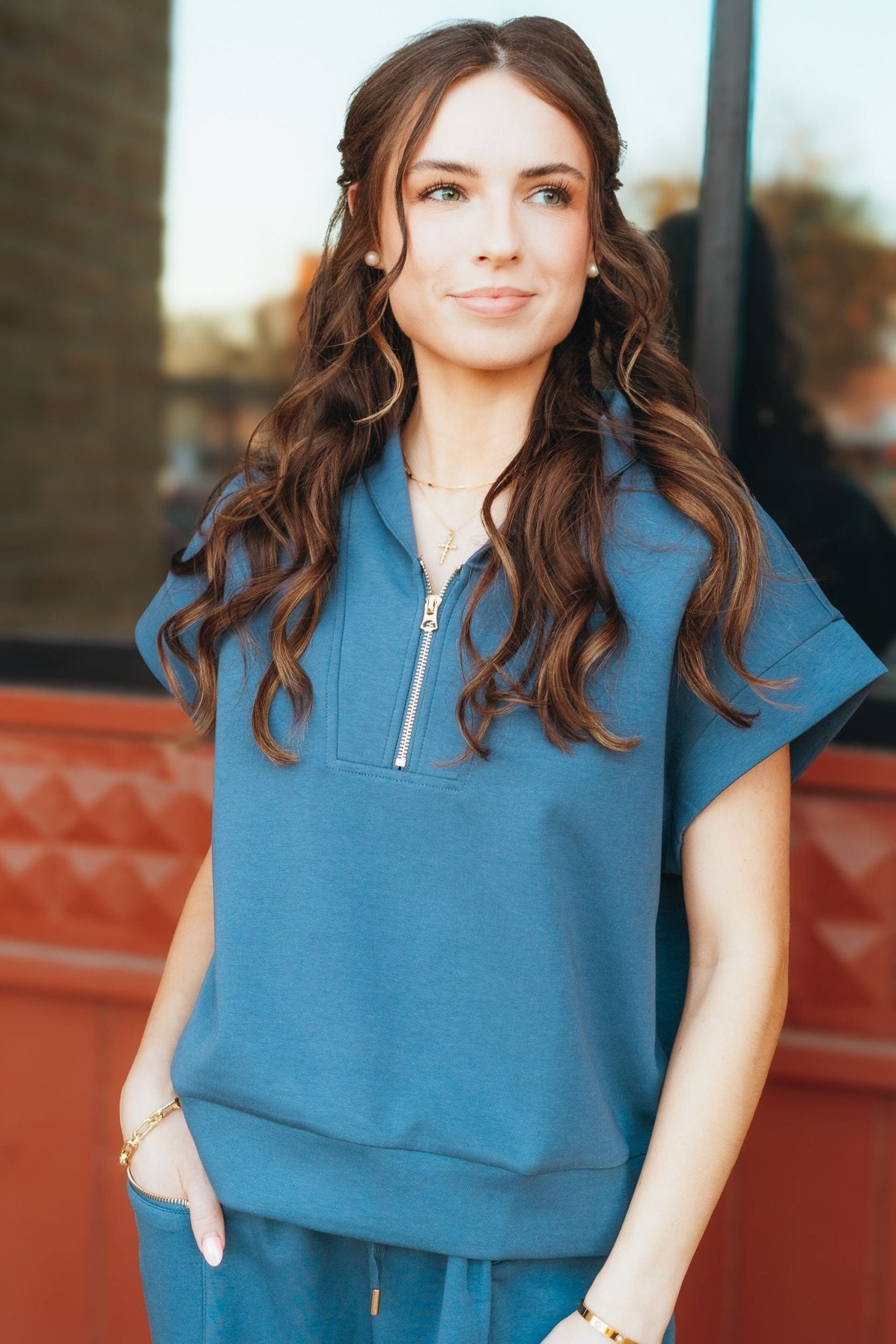 Dark Denim Scuba Half Zip - Up Short Sleeve Sweatshirt IT2154 - 1 - Southern Soule Designs