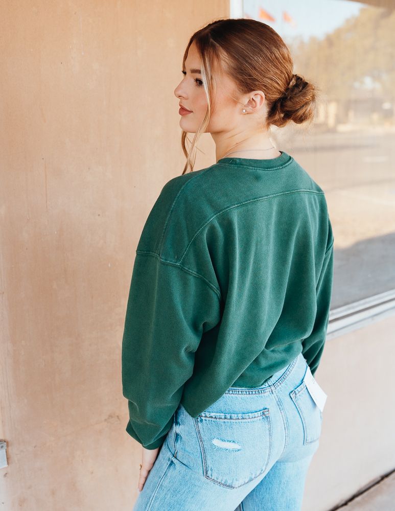 Dark Green Cropped Crewneck Sweatshirt with Raw Hem DZ24E409 - Southern Soule Designs