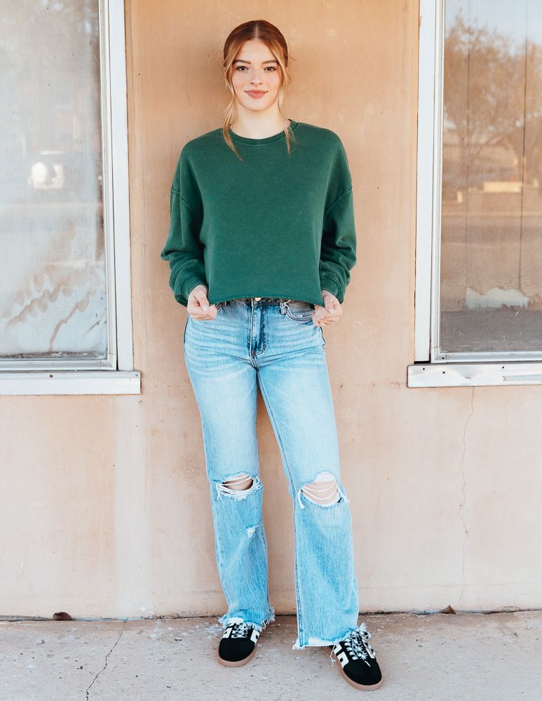 Dark Green Cropped Crewneck Sweatshirt with Raw Hem DZ24E409 - Southern Soule Designs