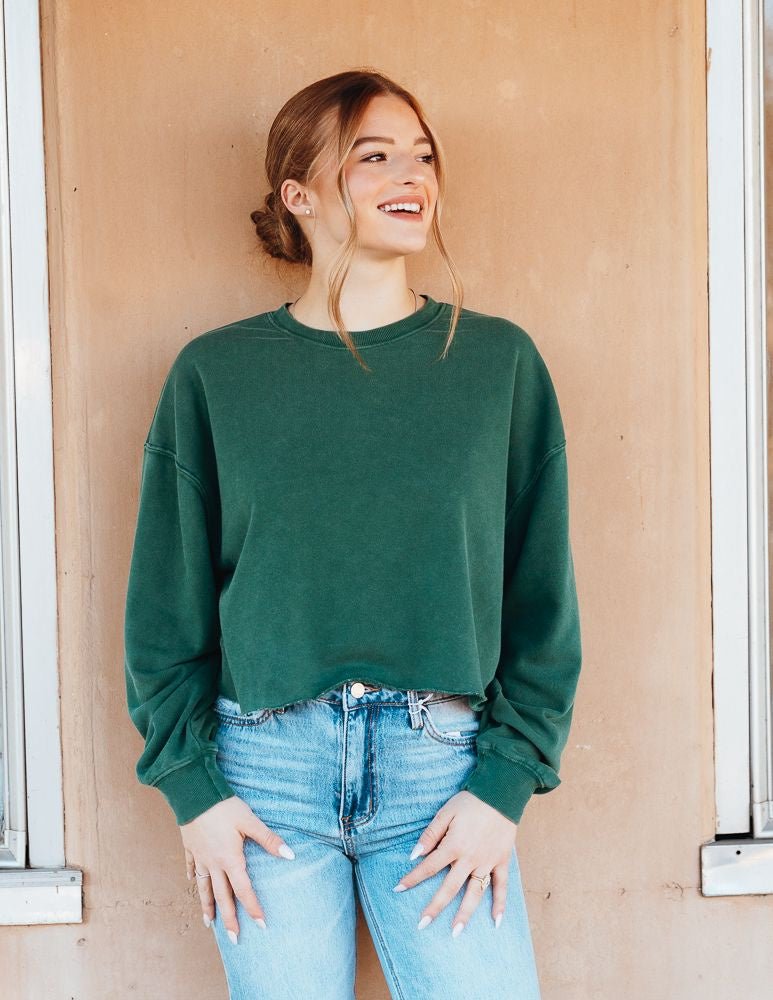 Dark Green Cropped Crewneck Sweatshirt with Raw Hem DZ24E409 - Southern Soule Designs