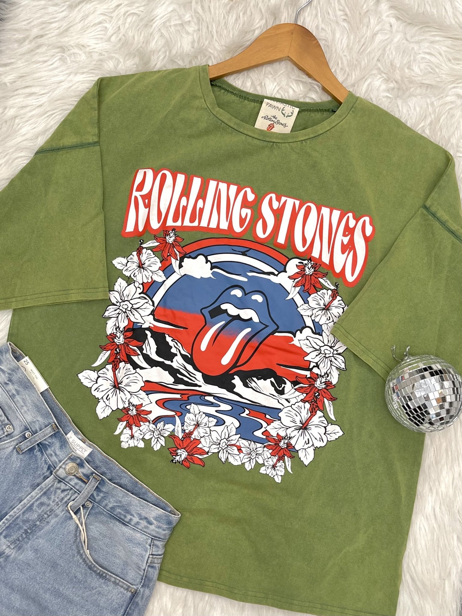 Dark Olive Rolling Stones Oversized Tee IFKT39014 - 09RS - Southern Soule Designs