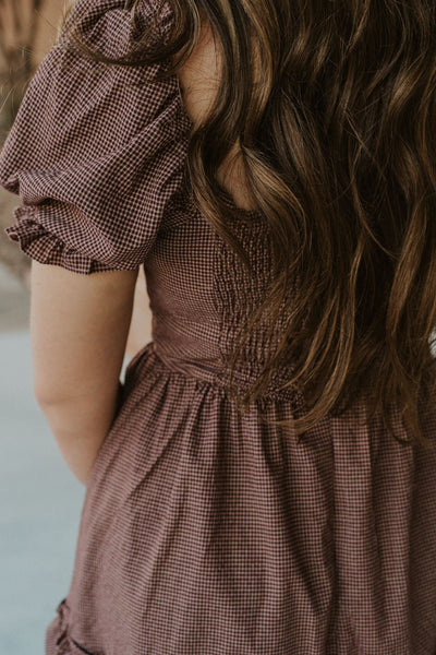 Dark Plum/Beige Chec Puff Sleeve Mini Dress JD6880 - Southern Soule Designs