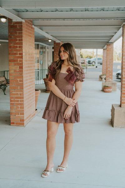 Dark Plum/Beige Chec Puff Sleeve Mini Dress JD6880 - Southern Soule Designs