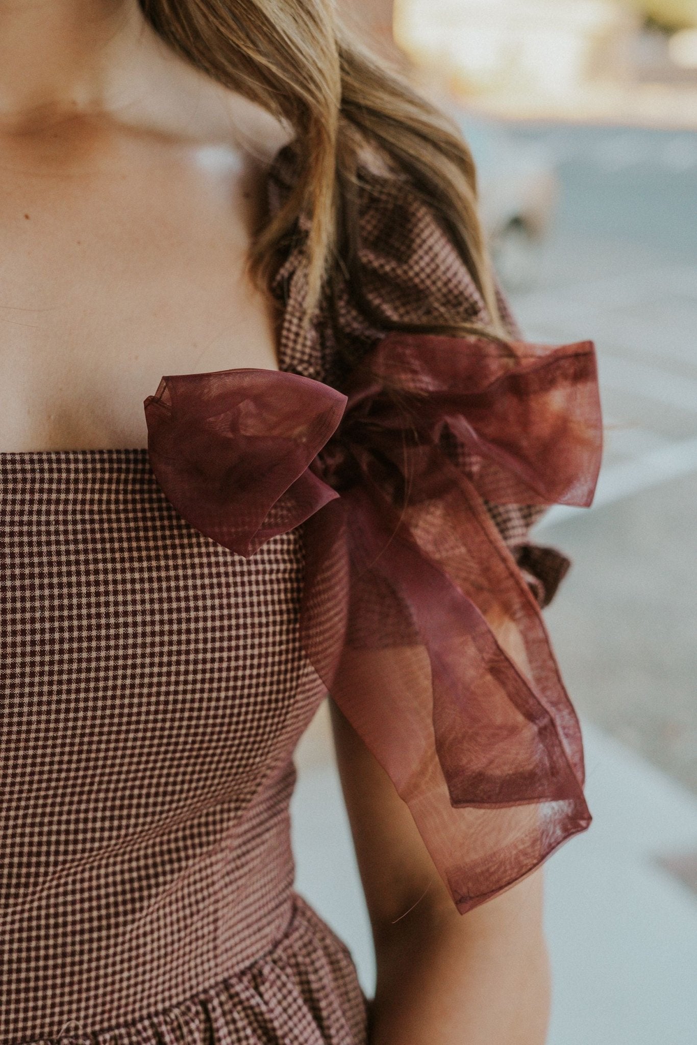 Dark Plum/Beige Chec Puff Sleeve Mini Dress JD6880 - Southern Soule Designs